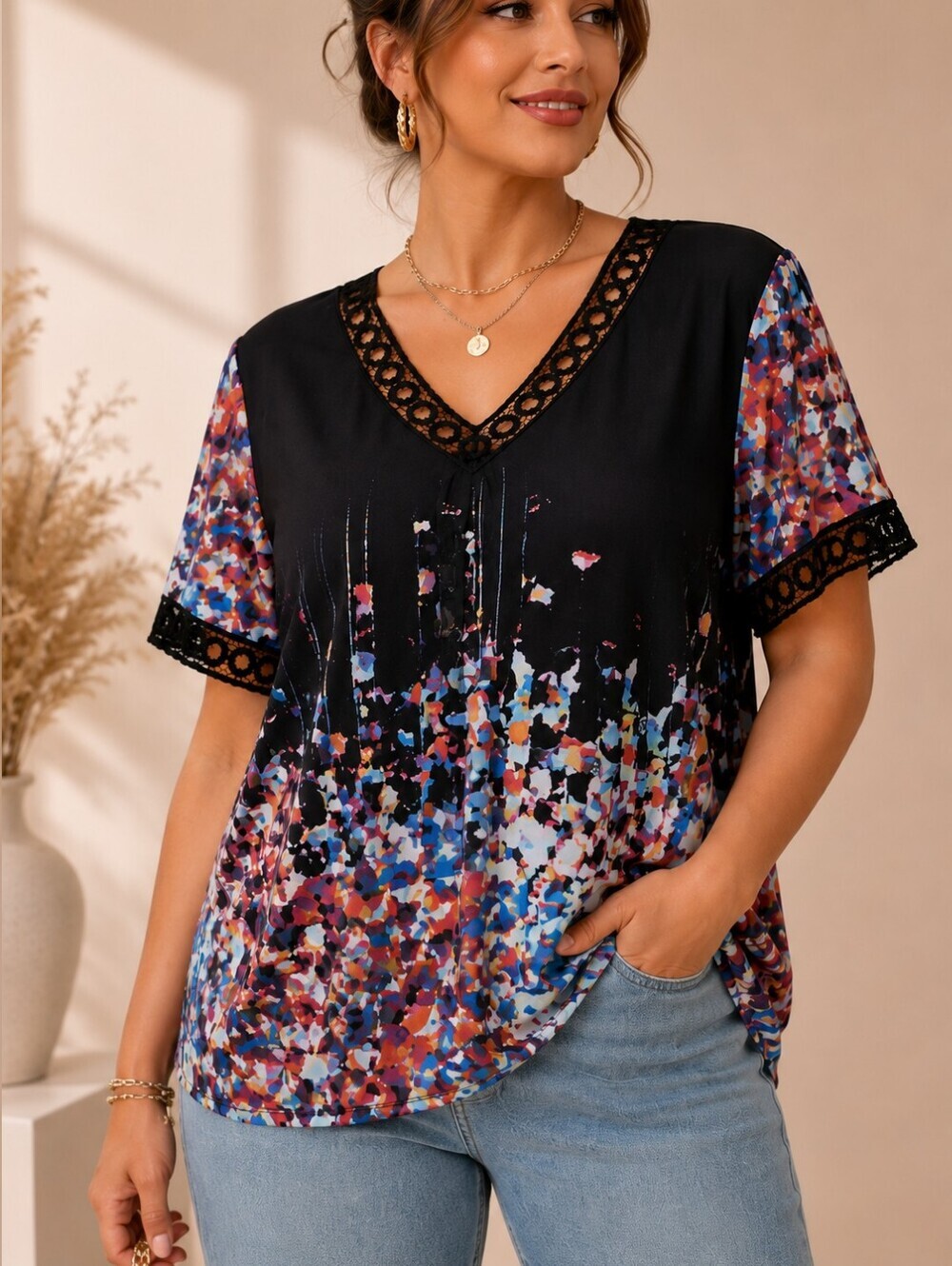 Women Abstract Print Lace Trim Blouse Top Plus Size 22W Short Sleeve